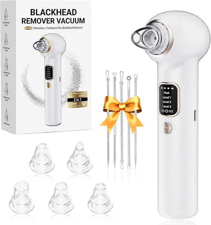 Electric Blackhead Remover Vacuum with Heating, 3 Suction Levels 5 Probes Pore Extractor Kit, Rechargeable Deep Pore Cleansing Tool for Women & Men (White)