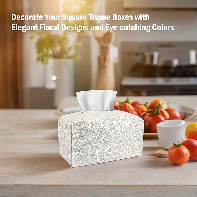 Tissue Box Cover PU Leather Tissue Holder Rectangle Facial Tissue Case Tissue Box Organizer Dispenser for Bathroom, Kitchen, Home, Office, Tabletop (White, Tall)