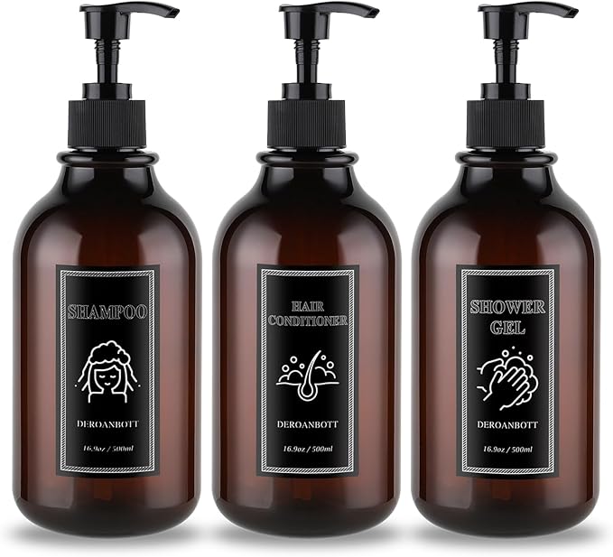 Shampoo and Conditioner Dispenser, Refillable Plastic Shampoo Pump Bottles with Waterproof Labels, Empty Body Wash Dispenser Set for Bathroom, Shower Soap Bottles (Brown)