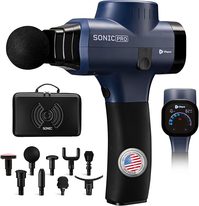 LifePro Sonic Pro Handheld Electric Massage Gun – Deep Tissue Percussion Massager Gun with 10 Speeds & 9 Heads – Muscle Massager for Athletes Back, Legs, Arms