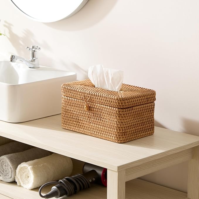 Rattan Rectangular Tissue Box Cover, 10.8" x 6.7" x 5.5", Decorative Woven Facial Tissue Holder with Hinged Top Lid, Natural Color