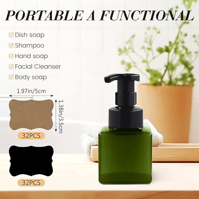 8.5 oz Foaming Soap Dispenser Plastic Foaming Pump Bottle, Refillable Dispenser with Plastic Pump, Empty Hand Bottles for Liquid Soap, Shampoo, Bathroom,Hotel,Restaurant (60, Green)