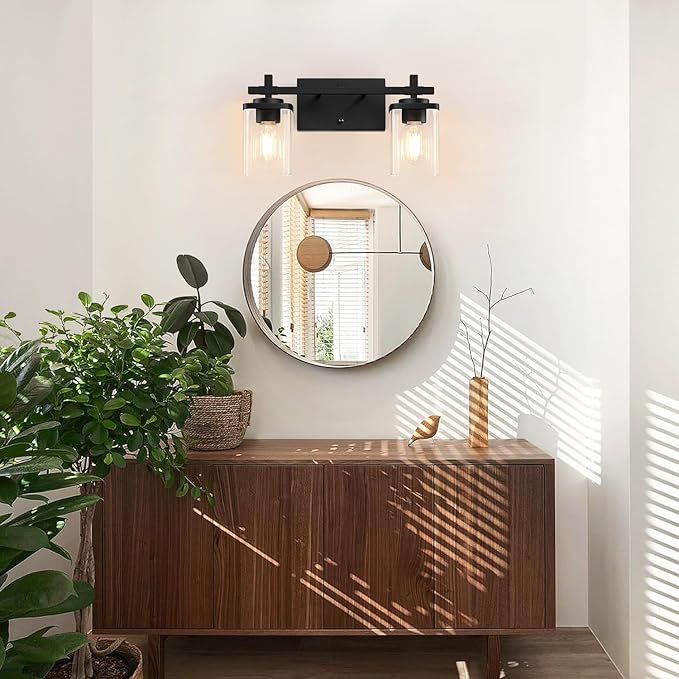 2-Lights Bathroom Vanity Lights, Matte Black Vanity Light Fixtures Over Mirror, Modern Wall Sconces with Clear Glass Shade, Wall Light Fixture for Bedroom Hallway Living Room