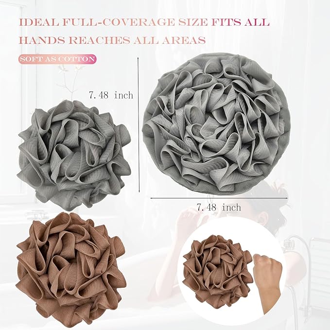 2-Pack Loofah Washcloth Combo 2-in-1, Exfoliating Soap Saver Pouch with Bar Soap Pocket, Reusable Shower Sponge for Body Wash & Smooth Skin,(Brown + Gray)