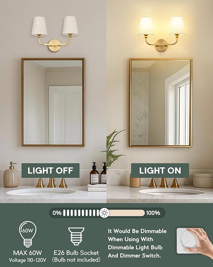 2-Light Bathroom Light Fixtures, Brushed Gold Vanity Lights, Double Wall Sconce with Linen Fabric Shade, Modern Sconces Wall Lighting for Hallway Bedroom Stairway, VL837-BG-A-2