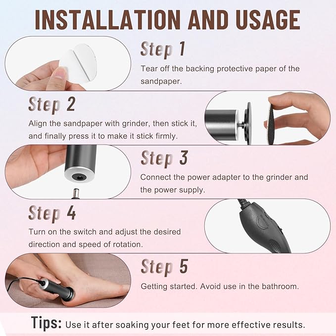 Dermawave Electric Foot File Callus Remover for Feet, Professional Electric Foot Sander Filer Grinder with 60 Sandpaper Discs for Men & Women, Pedicure Tool for Corn Dead Skin Cracked Heel