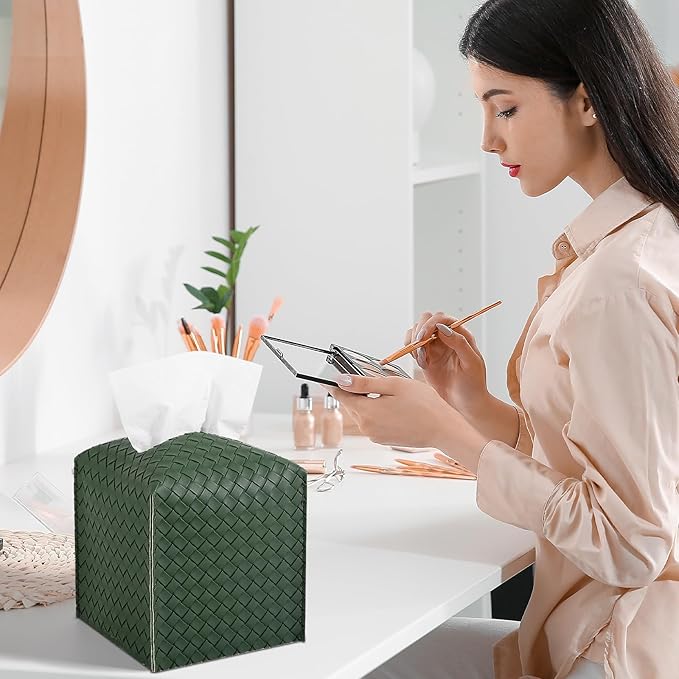 Tissue Box Cover PU Leather Tissue Holder Square Facial Tissue Case Facial Paper Organizer Dispenser for Bathroom, Vanity Countertop, Car, Dark Green