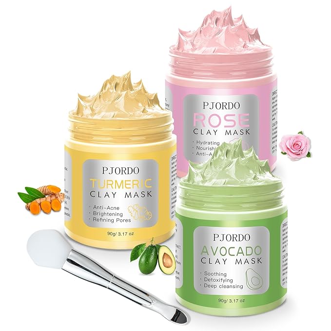 3Pack Clay Mask, Turmeric Vitamin C, Avocado, Rose clay mask for face, Face Mask Skin Care for Deep Cleaning Reduce Blackheads Dark Spots, Spa Gifts for Women, 3.17 Oz Each