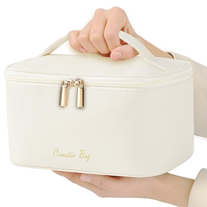 Meiyuuo Makeup Bag Large Cosmetic Bags for Women Girls Cute Travel Zipper Pouch Toiletry Organizer for Beauty Essentials Waterproof (Beige)