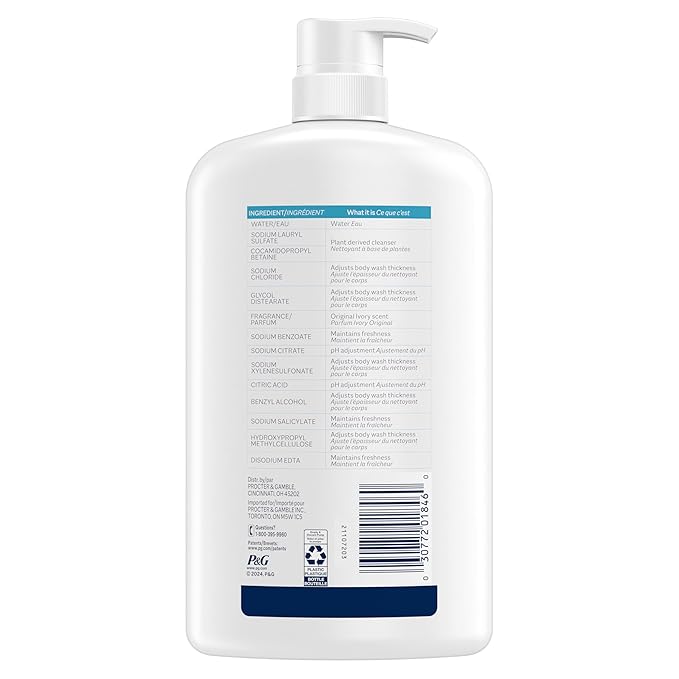 Ivory Body Wash, Designed for the Whole Family, Gentle Formula, Free of Dyes Heavy Perfumes Parabens Phthalates & Silicones, for Sensitive Skin, Designed for Skin's pH, Original Scent, 35 oz