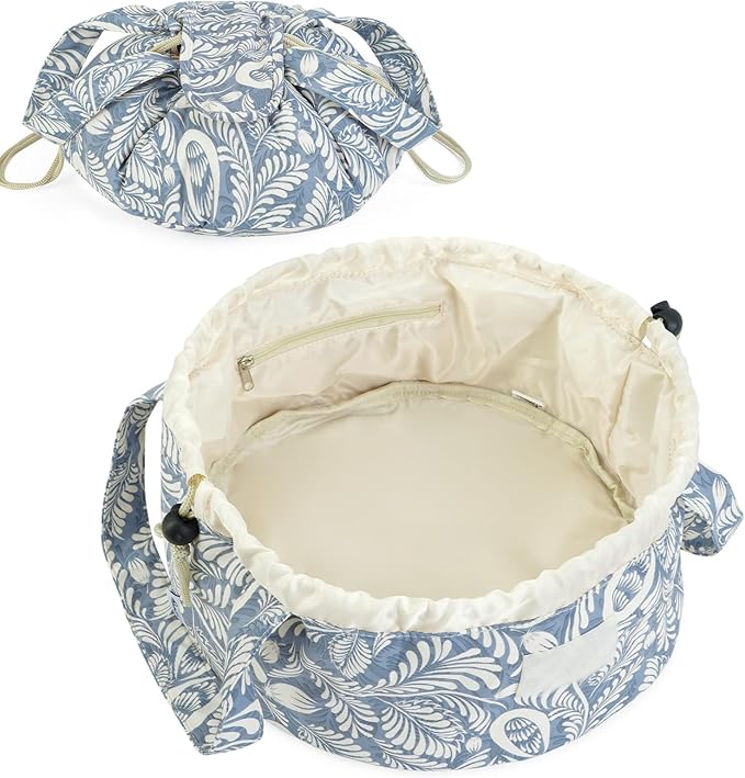 Barrel Drawstring Makeup Bag Large Cosmetic Bag Make up Bags Toiletry Organizer for Women (Blue Leaf) (Patent)