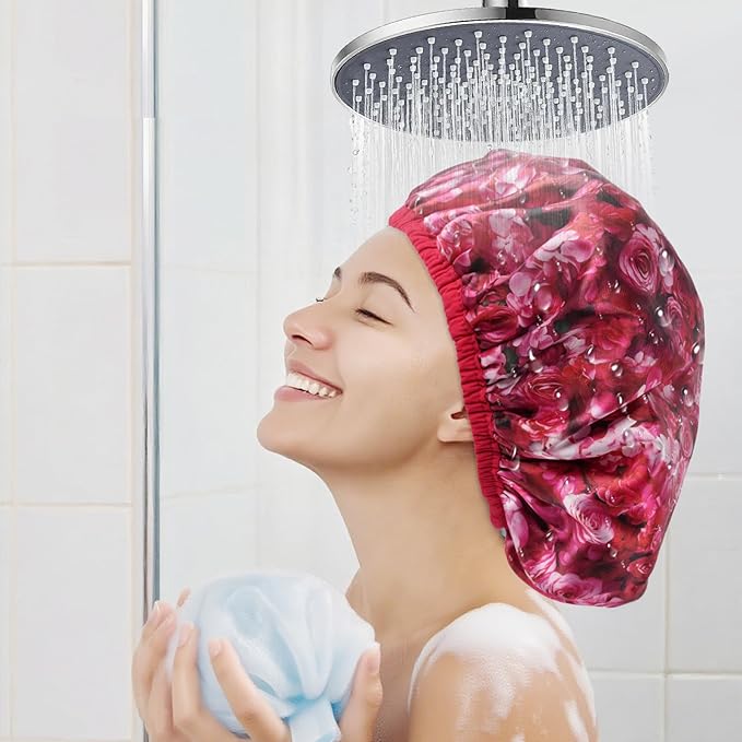 Upgraded Waterproof Terry Shower Caps, Reusable Shower Cap for Women with Long Hair, Soft Absorbent Hair-Protecting Towel Lining Bath Cap, Large Leak-Proof Hair Cap with Fashionable Print Outer-Red