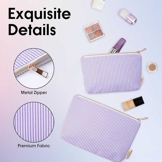 Wandering Nature Makeup Bag Small Cosmetic Bag for Purse 2 Pack Small Make Up Pouch Cute Travel Pouch with Zipper for Women, Purple Stripe