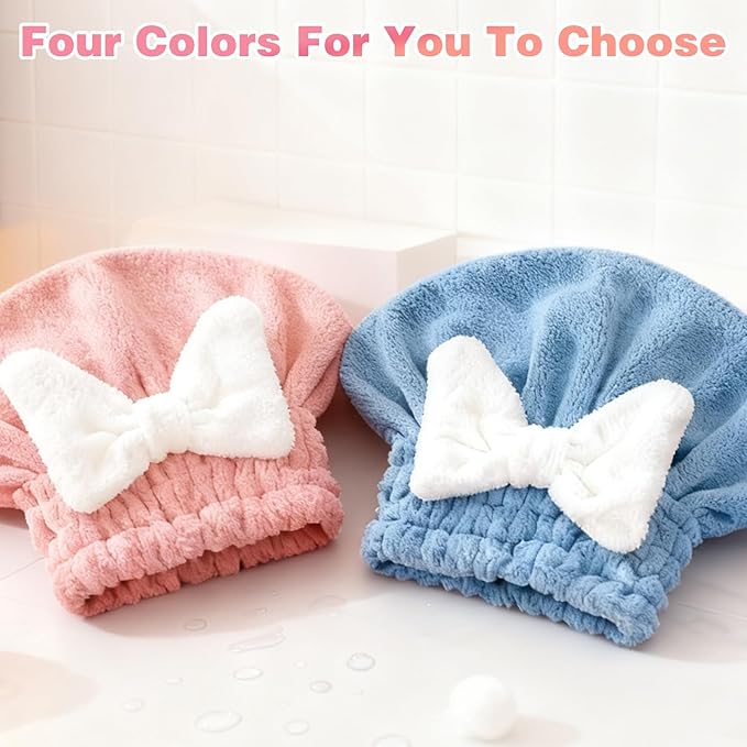 4Pcs Super Absorbent Hair Towel Wrap for Wet Hair, Microfiber Hair Towel Wrap Quick-Drying Thickened Hair Towels, Soft Bow Tie Wet Hair Towels Wrap for Women Girls (Pink+Blue+Yellow+Red)