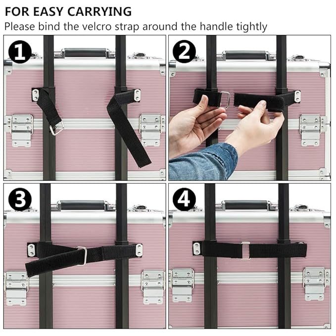 mefeir 4 in 1 Rolling Makeup Train Case, Aluminum Makeup Travel Organizer Cosmetic Case, Cosmetology Display Suitcase on Wheels, Beauty Storage Luggage Lockable w/4 Removable Wheels (Pink)