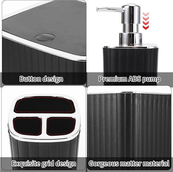 Bathroom Set with Shower Curtain and Rugs- 25PC Bathroom Accessory Set, Black Bathroom Set, Toilet Brush, Trash Can, Qtip Holder & Soap Dispenser