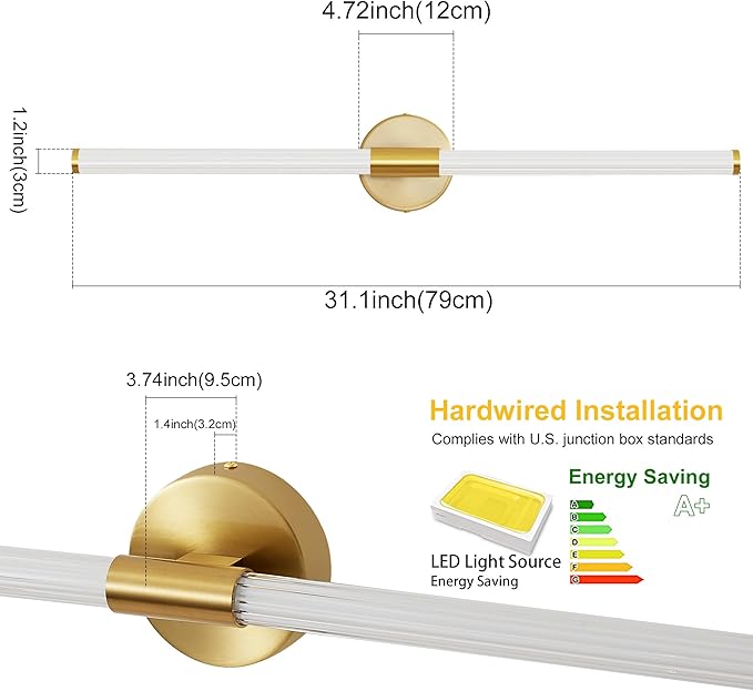 Glod Wall Sconces Set of 2 Hardwired, Dimmable 5CCT LED Bathroom Light Fixtures Over Mirror, 360° Full Lighting 31" Long Vanity Light Bar Modern Wall Sconce for Bathroom Bedroom Living Room
