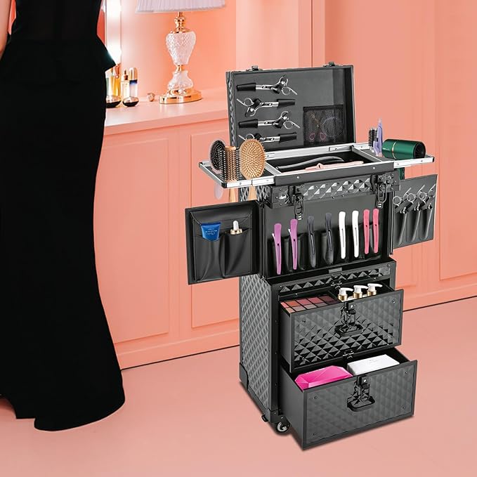 Rolling Lockable Makeup Train Case With Metal Universal Wheel, Cosmetic Storage Box Cases, 32In-Retro Travel Organizer Tool Box w/Combination Locks for Stylist, Beauty, Makeup Artist (Black2)