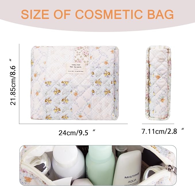 Floral Makeup Bag, Small Cosmetic Bag for Women Girls, Cute Cotton Makeup Bag, Quilted Makeup Bags, Flower Travel Toiletry Organizer Bag(Folk Style)