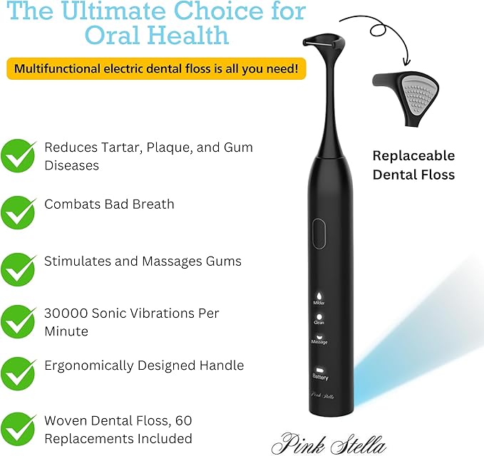 Electric Dental Flosser| Tongue Scrapper| Gum Massager and Stimulator for Adults and Kids| 60 Reuseable Floss Heads| A Better Alternative to Water Flosser