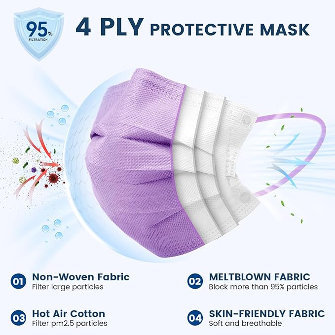 Disposable Face Mask For Adults - Travel Essentials, 100 Pack Individually Wrapped, 4 Ply Protection,Safety Masks Disposable