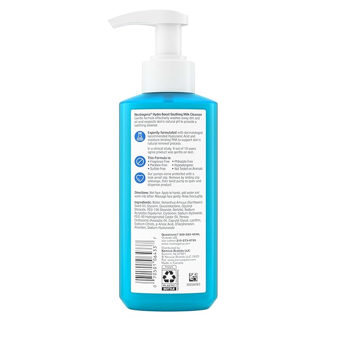 Neutrogena Hydro Boost Face Wash Soothing Milk Cleanser, Fragrance Free Hydrating Facial Cleanser With Hyaluronic Acid, Sensitive Skin Face Wash & Makeup Remover, 7.8 Fl Oz