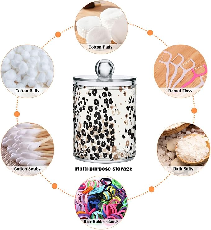 4 Pack Qtip Holder Dispenser Brown Floral Leopard Print Cotton Ball Cotton Swab Round Pads Floss Clear Bathroom Storage Containers Plastic Apothecary Jars