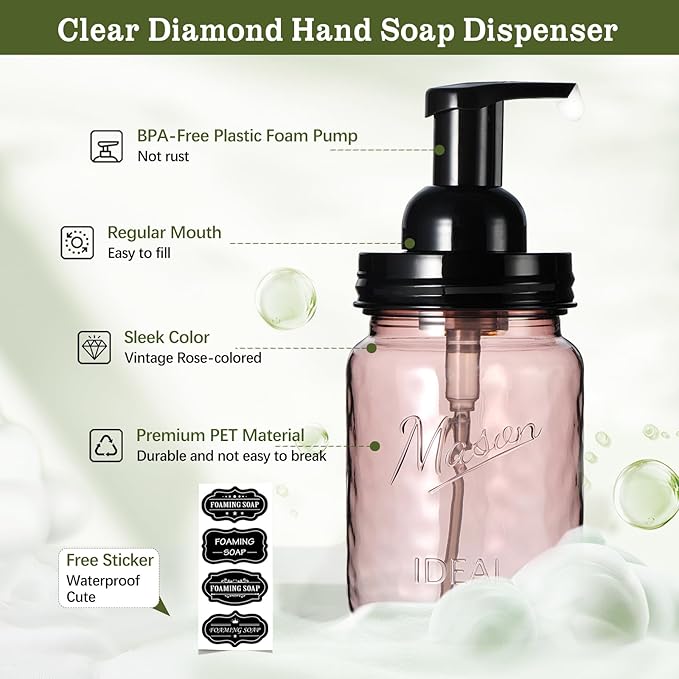 Amolliar Plastic Foaming Soap Dispenser with Pump Lid, 16Oz Refillable Foam Hand Soap Dispenser Set, Clear Dish Soap Bottles with Waterproof Lable for Farmhouse Kitchen Bathroom (2 Pack, Black)