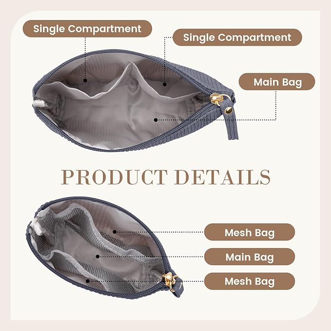 MAGEFY 2Pcs Makeup Bag Set, Cute Makeup Pouch for Purse Corduroy Travel Cosmetic Pouch for Women with Slip-in Pockets for Purse Essentials Accessories(Grey,Mini+Small)