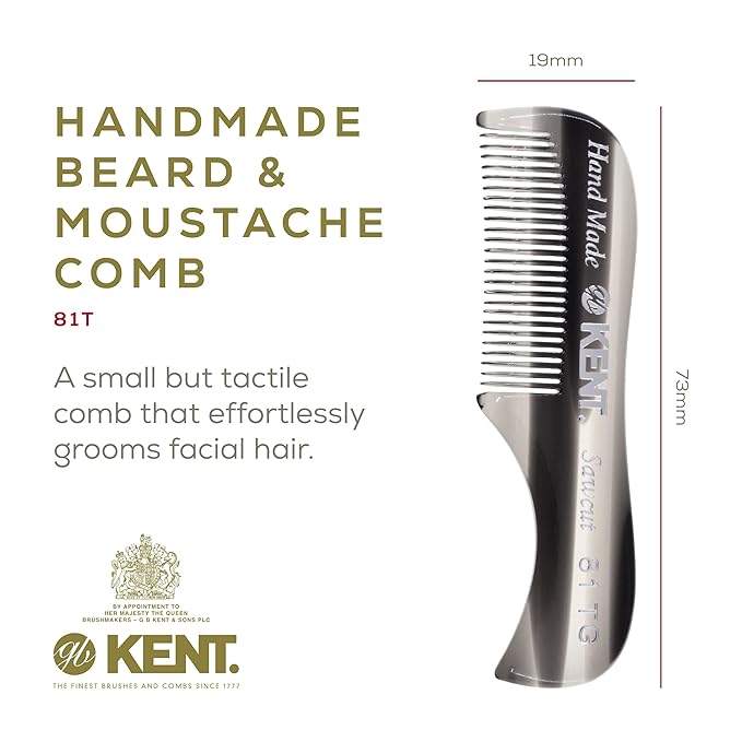Kent A 81T Graphite X-Small Gentleman's Beard and Mustache Pocket Comb, Fine Toothed Pocket Size for Facial Hair Grooming and Styling. Saw-cut of Cellulose Acetate, Hand Polished. Hand-Made in England