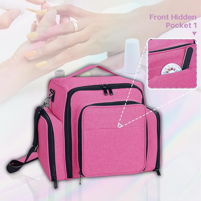 Nail Polish Organizer Holds 60 Bottles and a Nail Lamp,Portable Travel Case with 2 Removable Bags and Tools Storage Pockets Rose Red