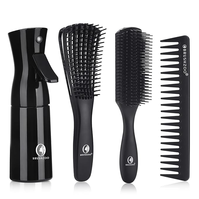 BRUSHZOO Hair Brush Set for Women, Men, and Kids - Detangling Brushes for Curly and Natural 3/4abc Hair, Wide Tooth Comb, Detangler Brush, and Hair Spray Bottle