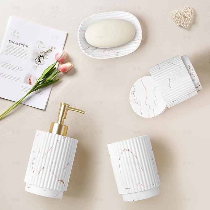Bathroom Accessories Set 4 Pcs-Toothbrush Holders Set, Soap Dispenser, Cotton Swab Jars, Vanity Tray, Bathroom Organizer for Modern Bathrooms Decor, Gift for Home Apartment