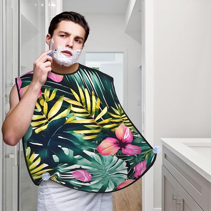 Tropical Summer Hawaiian Flower Palm Leaves Print Beard Bib Apron For Men, Beard Hair Catcher For Men Shaving Trimming,Beard Cape Cloth