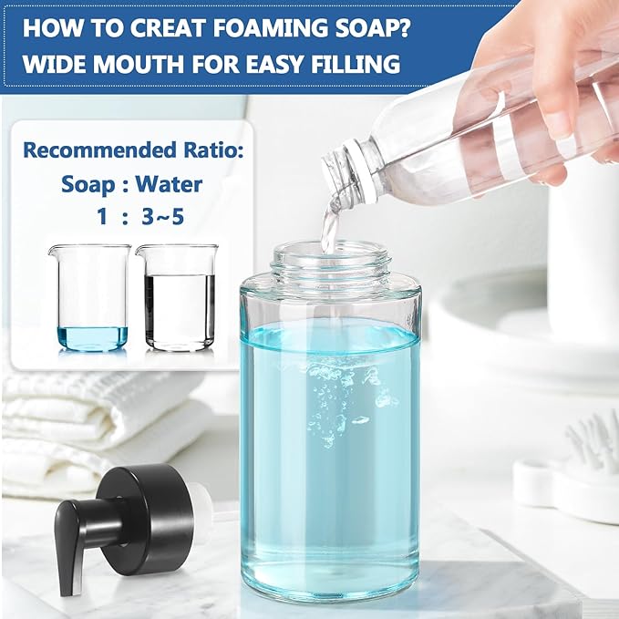 Foaming Soap Dispenser, 10 oz/300ml Foaming Hand Soap Dispenser, 2 Pack Glass Dispenser with 2 Non-Slip Silicone Bottom Sleeve, Refillable Foam Dispenser for Bathroom & Kitchen