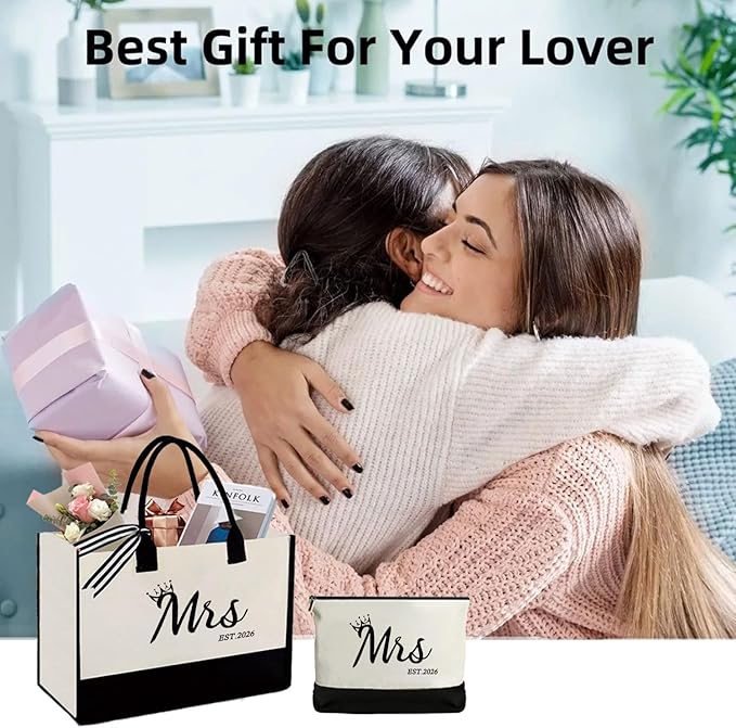 Mrs 2026 Bride Canvas Tote Bag, Gifts for Wedding BridalShower, mrs 2026 bag with Makeup Bag，Bachelorette Party, Bride to be Gifts, Miss to Mrs Bag,Christmas Personalized Bridesmaid Gift