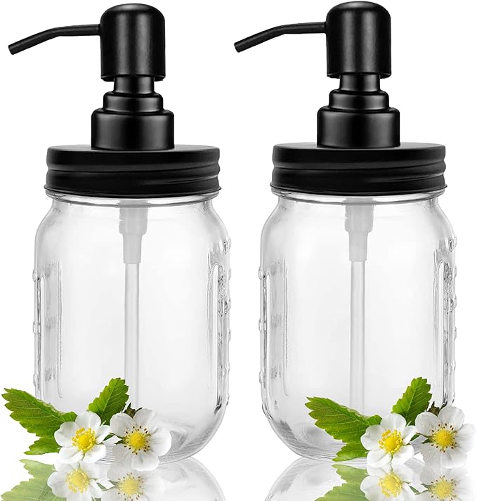 2-Pack Mason Jar Soap Dispenser - 16 oz Thick Clear Glass Soap Dispenser with Rust Proof Stainless Steel Pump and Lid for Liquid/Dish Soap/Lotion, Refillable Dispensers for Kitchen Bathroom Countertop