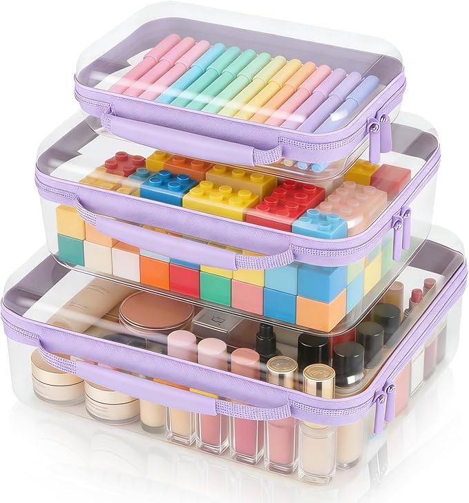 3 Pack Clear Hard Shell Zipper Case with Handle Waterproof Plastic Storage Pouches for Toiletry Makeup Cosmetic Toys Art Supplies Case Bag Organizer Travel