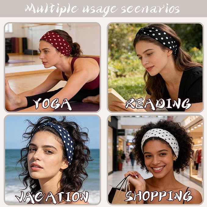 Olbye Wide Boho Headbands Floral Stretch Head Wraps Turban Knotted Yoga Hairbands Workout Hair Accessories for Women 4Pcs (Polka Dot, 9.4 * 5.9'')