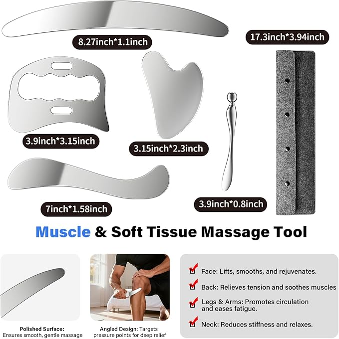 Stainless Steel Muscle Scraper Gua Sha Kit and Derma Edge Scraping Tools for Physical Therapy, Deep Tissue Guasha Massage Tool for Body and Face Relaxation (Grey-6pcs)