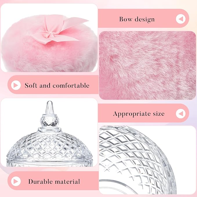 Tioncy 3 Pcs Large Body Powder Puff and Container Valentine's Day gift Powder Container with Puff Crystal Case Soft Washable Reusable Velour Face Body Glitter Wet Dry Makeup(Multi-faceted Cut,Clear)