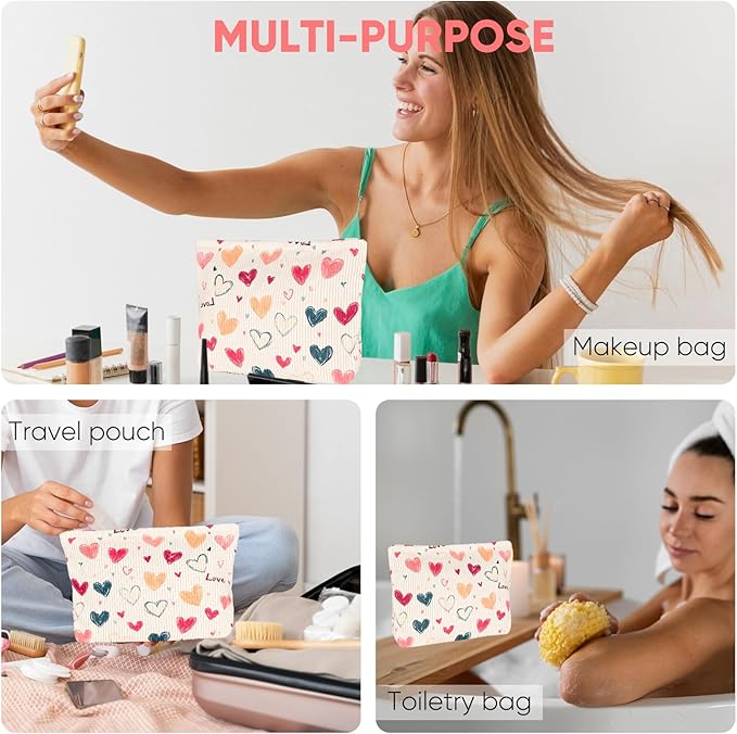Cute Makeup Pouch for Women Hearts Small Make Up Bag for Purse Zipper Initial Cosmetic Bags Pouches for Purse Aesthetic Travel Toiletrybags,Colorful Heart