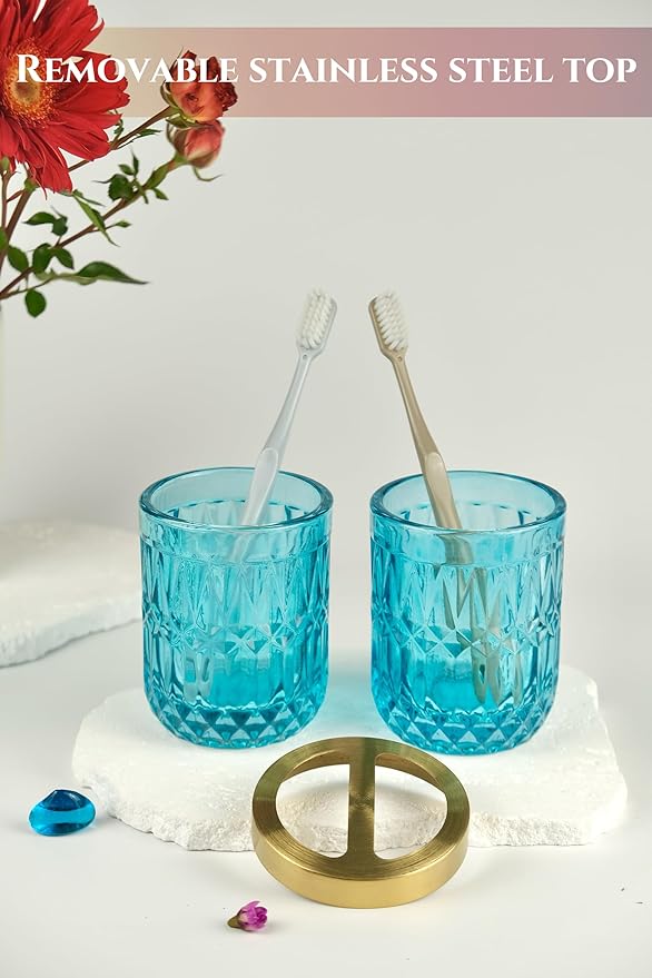 Teal Blue Bathroom Accessories Set, 5Pcs Clear Glass Bathroom Accessories, Hand Soap Dispenser Set, Soap Dish, Toothbrush Holder, Tumbler, Qtip Holder for Crystal Vantage Bathroom Decor