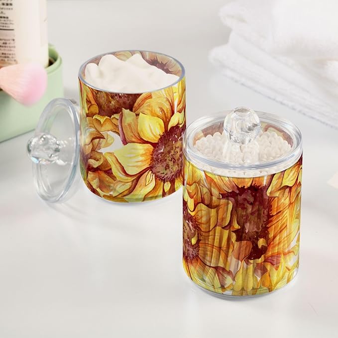 2 Pack Qtip Holder Dispenser for Cotton Ball Sunflowers Floral Cotton Swab Round Pads Clear Plastic Acrylic Jar Set Bathroom Canister
