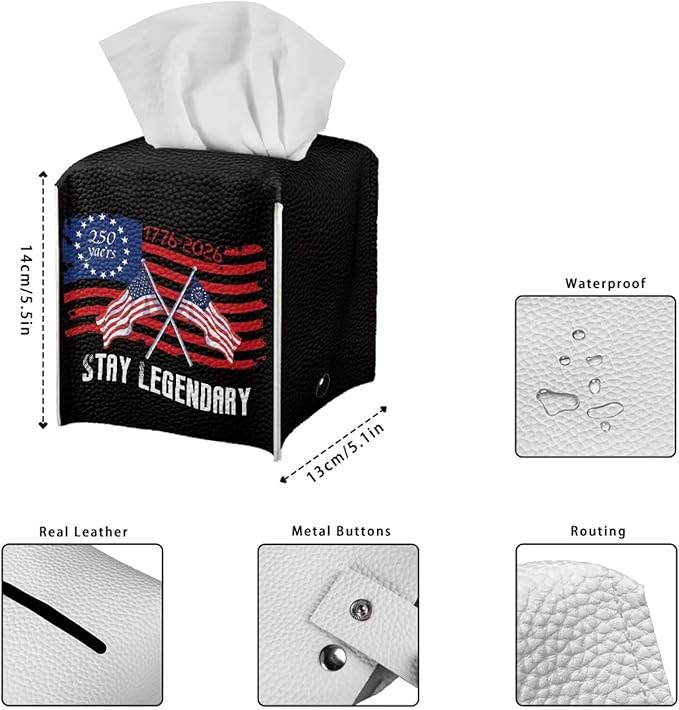 250 Years Tissue Box Holder Waterproof PU Leather Square Modern Tissue Box Cover with Metal Button Napkin Holder for Home Office Car