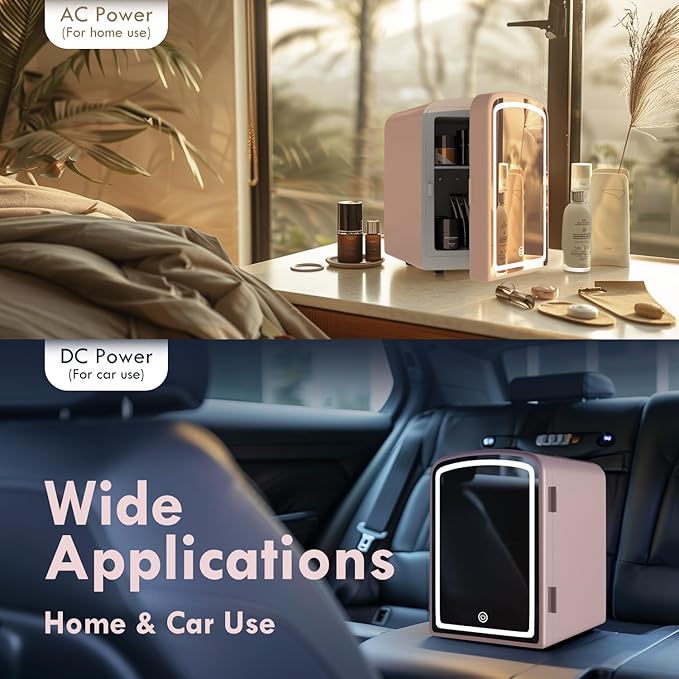 4L Mini Skincare Fridge with Dimmable LED Mirror, Portable Beauty Refrigerator for Makeup, Cosmetic, Personal Small Refrigerator with Cooler and Warmer for Bedroom, Office and Car(Pink)