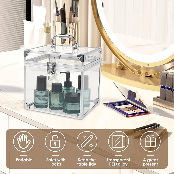 Makeup Box,Clear Cosmetic Case with Latches and Handle Large Capacity Toiletry Organizer Box Travel Makeup Tools for Vanity Bathroom Counter Dresser(silver)