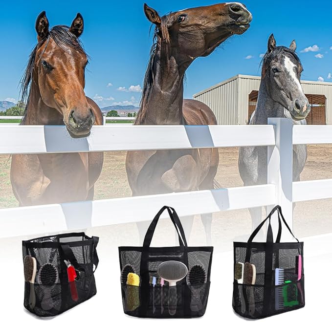 Smanllan Horse Grooming Organizer Bag,8 Pockets Waterproof Horse Grooming Tote Bag with Mesh (White)