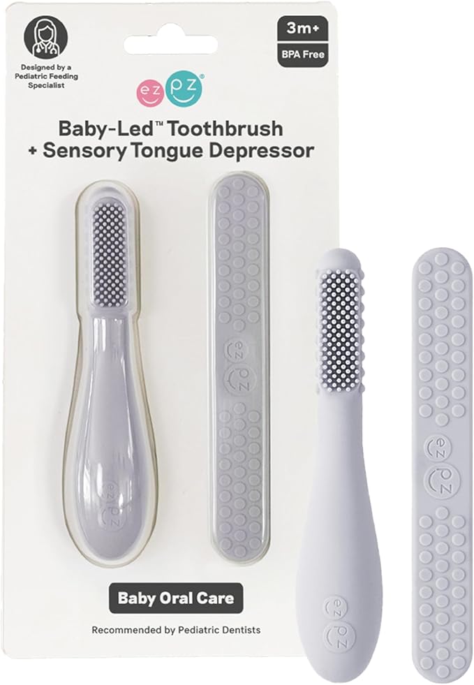 ezpz Baby-Led Toothbrush + Tongue Depressor Dual Pack (Pewter) - 100% Silicone Toothbrush + Silicone/Stainless Steel Tongue Depressor - Helps Set-up Infants for a Healthy Oral Care Routine