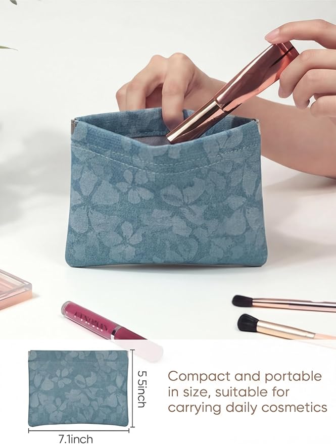 Flower Light Blue PU Leather Makeup Pouch Set for Women Floral Small Make Up Bag for Purse Waterproof Initial Makeup Cosmetic Bags Pouches for Purse Aesthetic Travel Toiletry Bag,